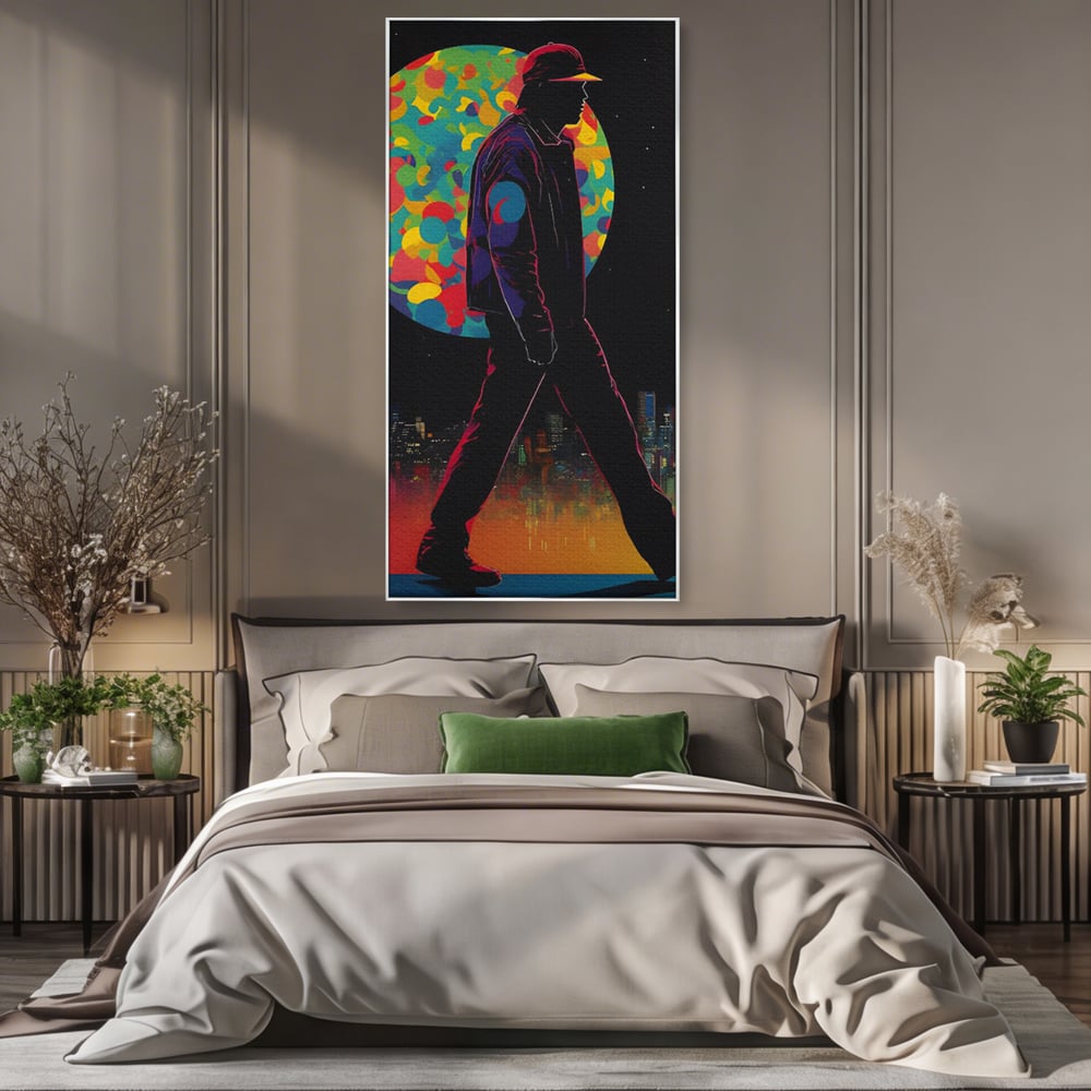 Tablou canvas cu silueta unui barbat mergand pe fundal urban, in rama de aluminiu argintiu, pe perete intr-un dormitor